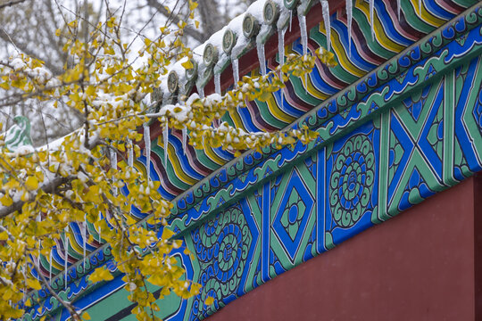 The eaves of ancient buildings at the gate of Ditan Park in Beijing and white snow and golden ginkgo leaves