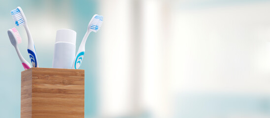 Toothbrushes and toothpaste in the bathroom