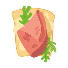 Healthy toast with ham, soft cheese and herbs, cartoon illustration. Slices Food, sandwich, breakfast isolated on white background