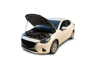 white car open hood on a white background,with clipping path,Indicates the abnormality of the...