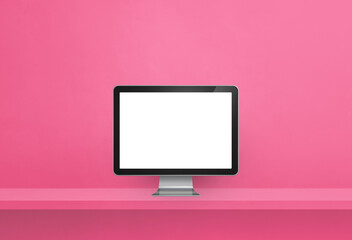 Computer pc on pink shelf banner