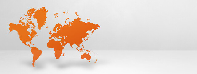 Orange world map on white wall background. 3D illustration. Horizontal banner