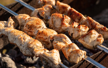 cooking chicken kebabs on a barbecue on a country plot, the concept of a weekend and a country holiday