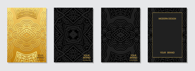 Cover design set, vertical templates, place for text. Collection of embossed black and gold backgrounds. Ethnic 3D pattern. Handmade technique. Motives of the East, Asia, India, Mexico, Aztecs, Peru. 
