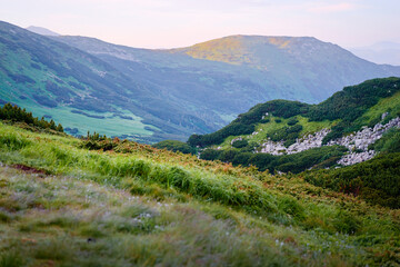 Naklejka na ściany i meble Beautiful mountains landscape with green meadow. Carpathians, Ukraine.