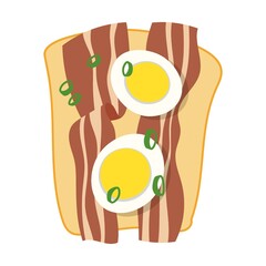Healthy toast with bacon, egg slices and green onions, cartoon illustration. Slices Food, sandwich, breakfast isolated on white background