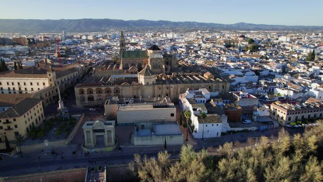 Aerial view of Cordoba, Spain. Drone flight around Mosque cathedral in Cordoba, Spain, Spanish history, tourism in Andalusia, unesco site concept