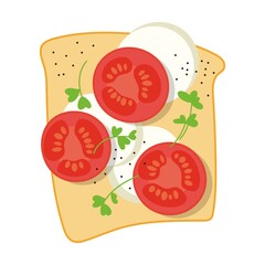 Healthy toast tomato, spices, eggs and herbs, cartoon illustration. Slices Food, sandwich, breakfast isolated on white background