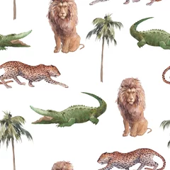 Tapeten African predators cartoon pattern. Watercolor seamless texture with crocodile, lion, leopard. Safari fabric or wallpaper design © ldinka