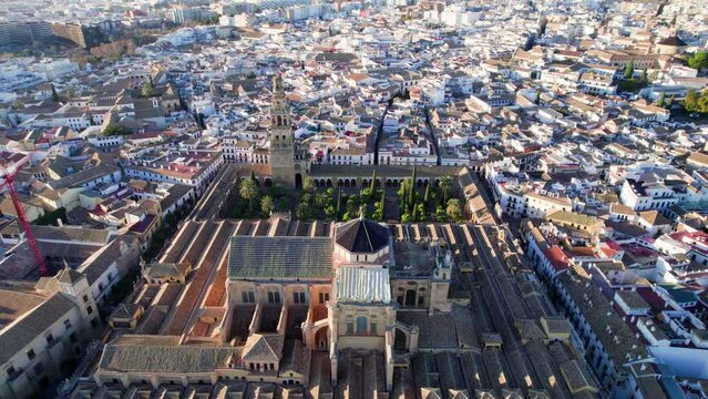 Aerial view of the Alcazar of Cordoba, Spain. Drone flight around Mosque Cathedral in Cordoba, Spain, Spanish history, tourism in Andalusia, unesco site concept