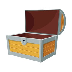 open chest for treasure. Open empty wood box with metal frames. Cartoon ancient container for pirates isolated on white. Game UI, toy concept