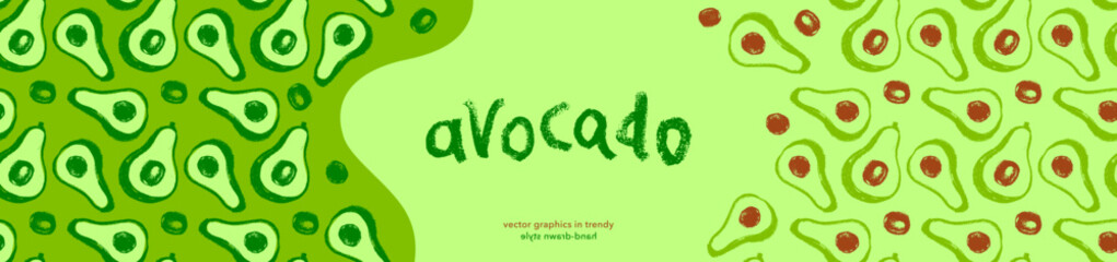 Vector avocado pattern seamless. Avocados decoration for oil label, packaging design. Vegetarian background.  Avocados backdrop. Ornament with drawings of vegetables. Green vegan wallpaper for banner.