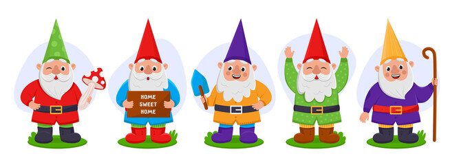 Cute garden gnomes set. Vector illustrations of funny fairytale characters. Cartoon happy male small dwarfs holding mushroom, spatula, wooden board with text isolated white. Game, fantasy concept