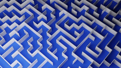 Render wallpaper. White wall labyrinth on blue floor. Top view diagonally.
