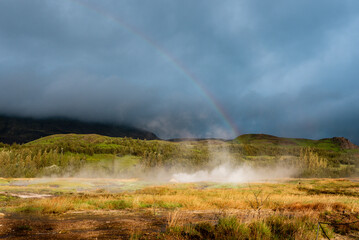 Iceland landscape rainbow geothermal mist