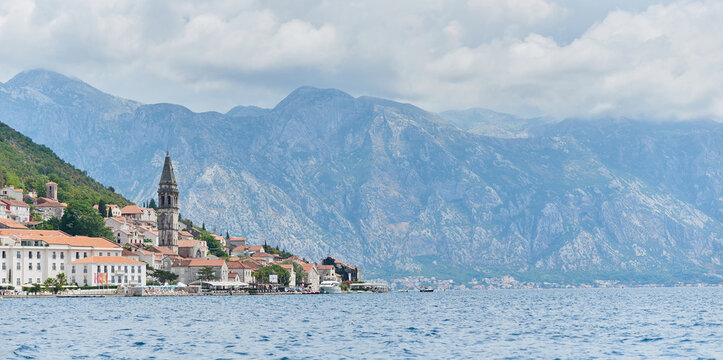 Landscape of the city of Perast, view from the sea against the backdrop of mountains