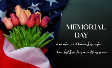 American flag and a poppy flowers with Memorial Day Remember and Honor text background - obrazy, fototapety, plakaty