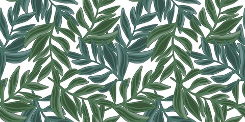 Naklejka na ściany i meble Tropical vector pattern, palm leaves seamless. Abstract jungle leaf seamless pattern on white background. Botanical floral banner. Exotic plant backdrop.