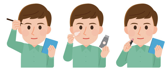 メンズメイクをする男の子　アイブロウ ファンデ リップ イラスト