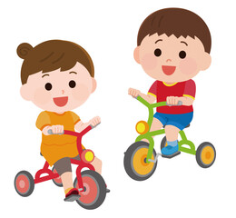 三輪車に乗る男の子と女の子　イラスト - obrazy, fototapety, plakaty