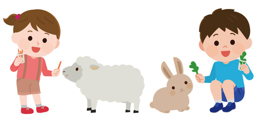 Obraz premium ふれあい動物園 動物とふれあう男の子と女の子 イラスト