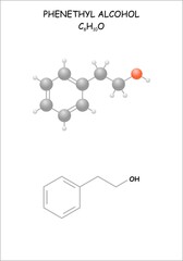 Stylized molecule model/structural formula of phenethyl alcohol. Component of rose oil.