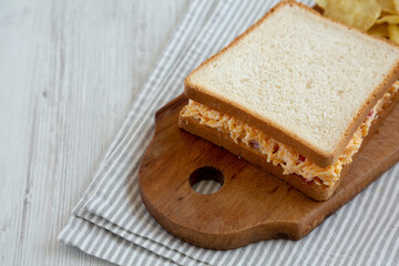 Homemade Pimento Cheese Sandwich with Chips, low angle view. Copy space.