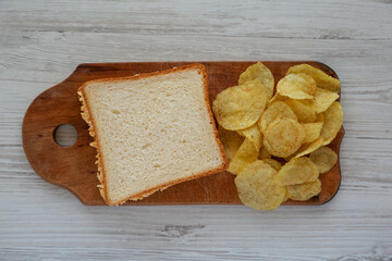 Homemade Pimento Cheese Sandwich with Chips, top view. Flat lay, overhead, from above.