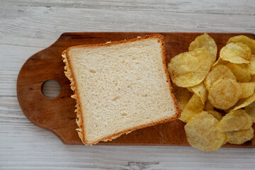 Homemade Pimento Cheese Sandwich with Chips, top view. Flat lay, overhead, from above. Close-up.