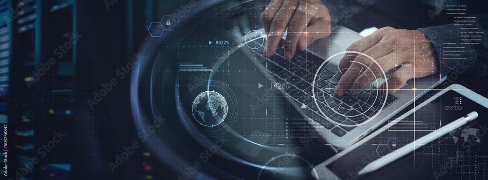 Poster data science, digital technology, internet global network, big data concept. computer programmer wor