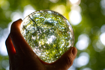 Focus on taking care of nature and the climate shown with nature encased in a crystal ball