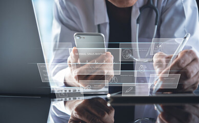 Electronic health record system EHRs, medical technology concept. Doctor using digital tablet and...