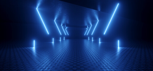Sci Fi Futuristic Garage Blue Neon Laser Retro Modern Spaceship Studio Showroom Gallery Concrete Asphalt Hangar Tunnel Corridor 3D Rendering