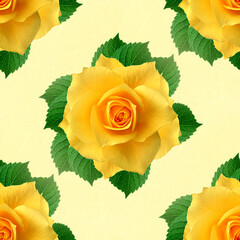 Yellow roses with green leaves pattern. Seamless spring background. 