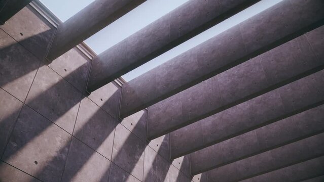 Modern architectural detail. 
Concrete wall and ceiling pattern in the summer sunlight and sun rays. 4K rhythm seamless loopable background animation.