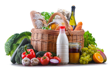 Wicker basket with assorted grocery products