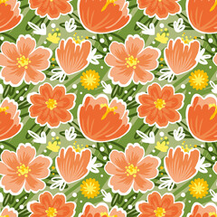 Orange flowers on a green background. Summer print. Seamless pattern for fabric, wrapping, textile, wallpaper, apparel. Vector.