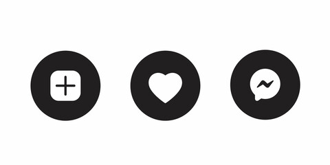 Add, love, and message icon vector in circle button. Social media elements