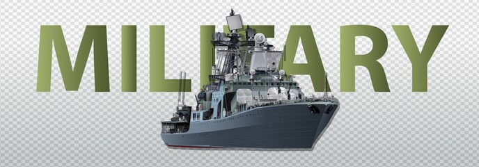 3d realistic military ship. Model warship. Side view and top. 3D. Camouflage military flagship. Vector illustration - obrazy, fototapety, plakaty