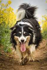 Border collie is running in yellow colza. He is running for his breader