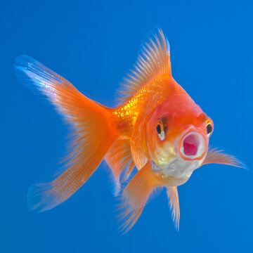 golden fish in water on isolated blue background