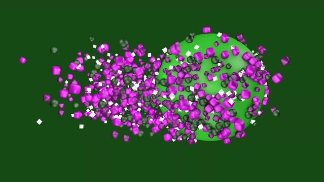 3d animation. Abstract geometric shapes. Background or screensaver. A large green ball flies through small multi-colored geometric figures.
