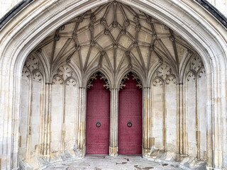 Entrance to Winchester cathedral. Winchester medieval anglican cathedral view place of worship...