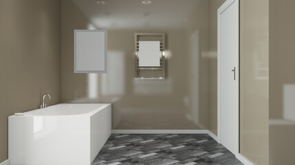 Spacious bathroom in gray tones with heated floors, freestanding tub. 3D rendering.. Mockup.   Empty paintings