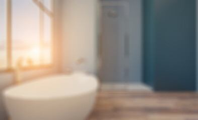 Clean and fresh bathroom with natural light. 3D rendering.. Suns. Abstract blur phototography.