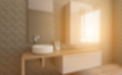 Clean and fresh bathroom with natural light. 3D rendering.. Suns. Abstract blur phototography.