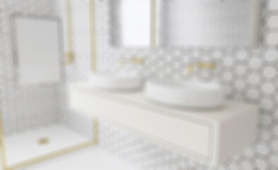 Obraz na płótnie Canvas Freestanding bath with towels in grey modern bathroom. 3D render. Abstract blur phototography.