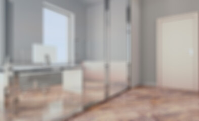 Open space office interior with like conference room. Mockup. 3D. Abstract blur phototography.