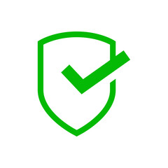 Logo control de seguridad. Icono con marca de verificación en escudo con líneas en color verde - obrazy, fototapety, plakaty