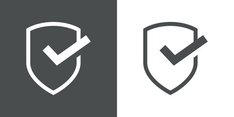Logo control de seguridad. Icono con marca de verificación en escudo con líneas en fondo gris y fondo blanco
